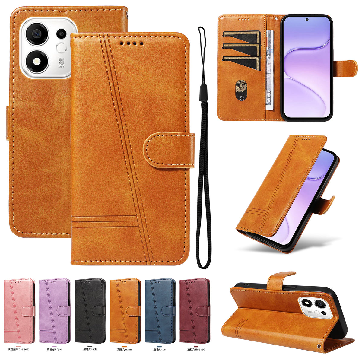 Honor 600 Smart 5G / Honor X7e Plus 5G Pung-Etui T-formede Linjer Læder Telefoncover Stand