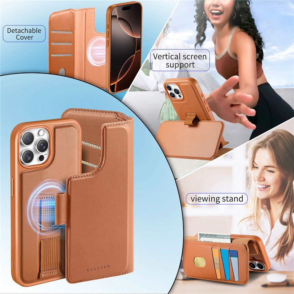 CASENEO For iPhone 13 Pro Max Magnetic Case RFID Blocking Wallet Detachable Leather Phone Cover with Wristband