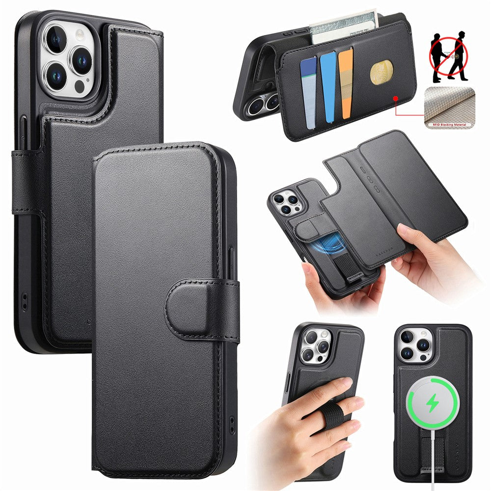 CASENEO For iPhone 13 Pro Max Magnetic Case RFID Blocking Wallet Detachable Leather Phone Cover with Wristband