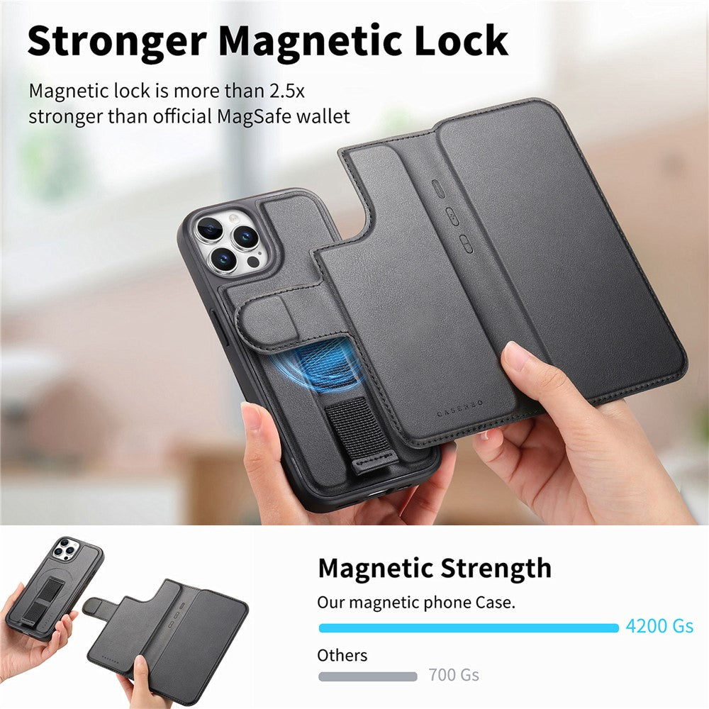 CASENEO For iPhone 13 Pro Magnetic Case RFID Blocking Wallet Detachable Leather Phone Cover with Wristband