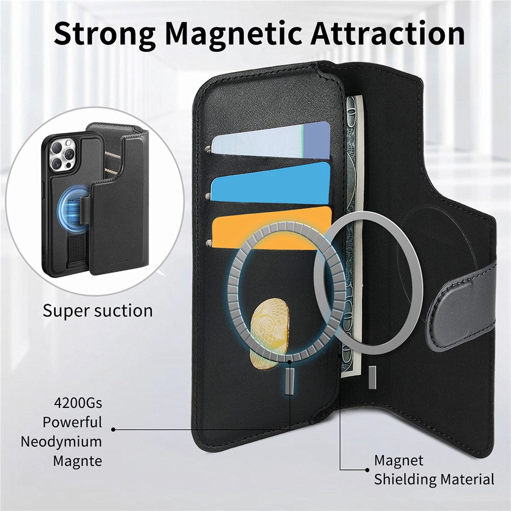 CASENEO For iPhone 13 Pro Magnetic Case RFID Blocking Wallet Detachable Leather Phone Cover with Wristband