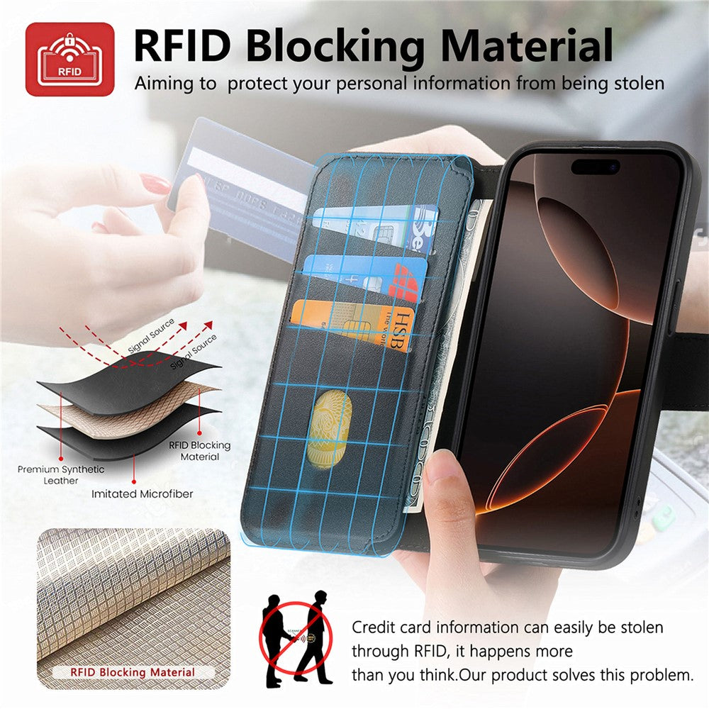 CASENEO For iPhone 13 Pro Magnetic Case RFID Blocking Wallet Detachable Leather Phone Cover with Wristband