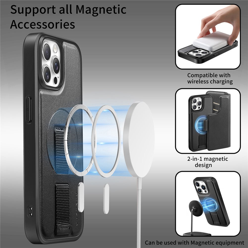 CASENEO For iPhone 13 Pro Magnetic Case RFID Blocking Wallet Detachable Leather Phone Cover with Wristband