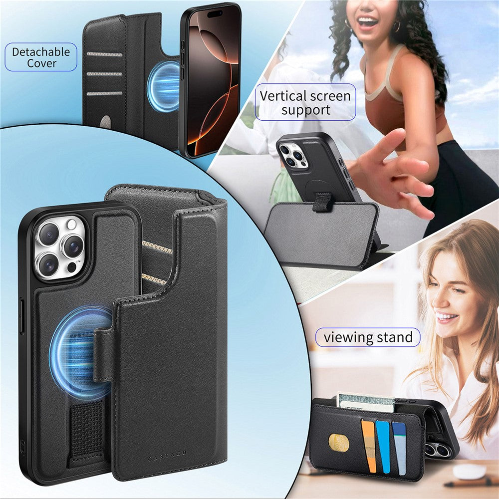 CASENEO For iPhone 13 Pro Magnetic Case RFID Blocking Wallet Detachable Leather Phone Cover with Wristband