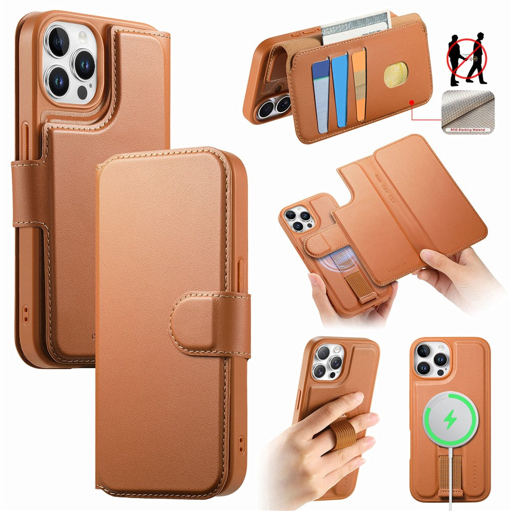 CASENEO For iPhone 12  /  12 Pro Magnetic Case RFID Blocking Wallet Detachable Leather Phone Cover with Wristband