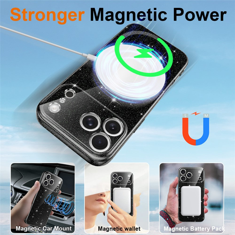 For iPhone 18 Pro / 17 Pro Magnetic Case Glitter TPU Shockproof Phone Cover with Lanyard