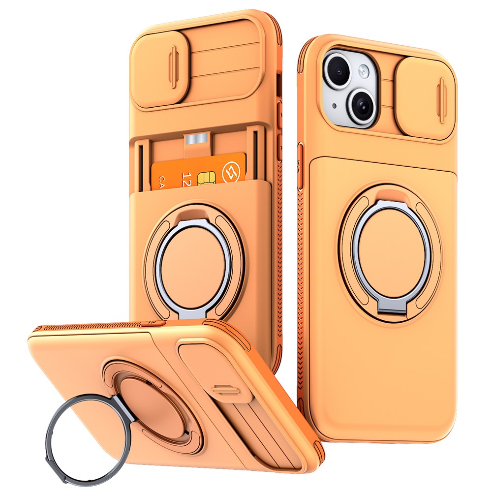 For iPhone 15 Case Slide Camera Cover Kickstand TPU + PC Protective Phone Shell with Card Holder