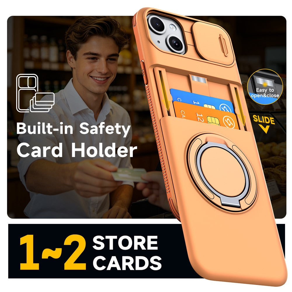 For iPhone 15 Case Slide Camera Cover Kickstand TPU + PC Protective Phone Shell with Card Holder