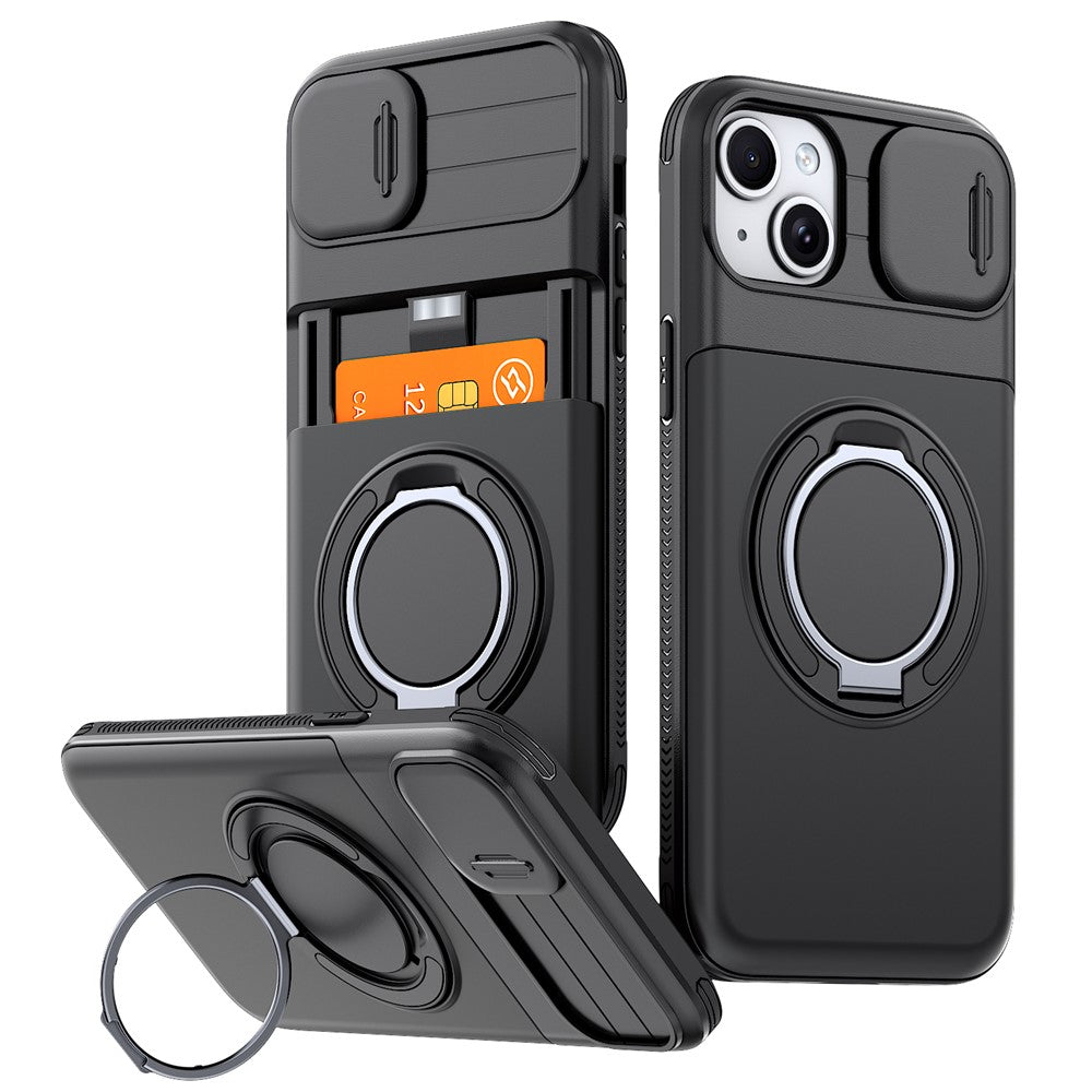 For iPhone 15 Case Slide Camera Cover Kickstand TPU + PC Protective Phone Shell with Card Holder
