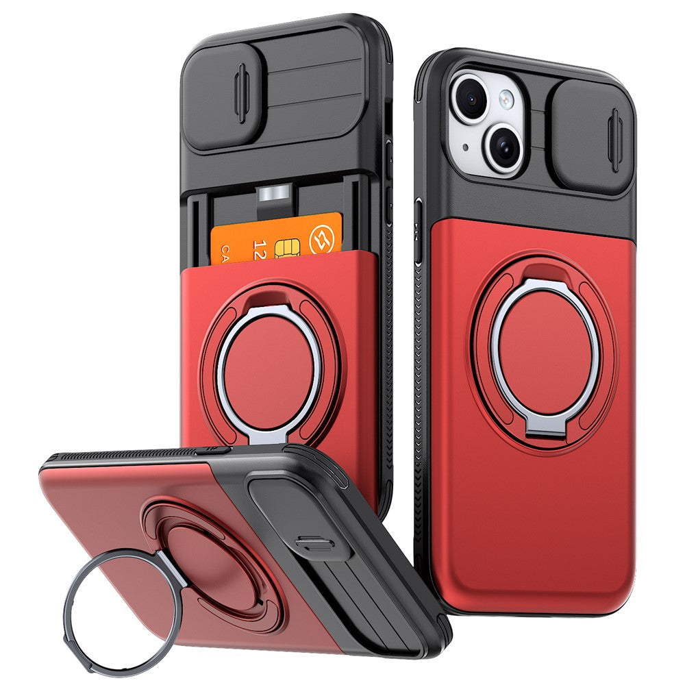 For iPhone 15 Case Slide Camera Cover Kickstand TPU + PC Protective Phone Shell with Card Holder