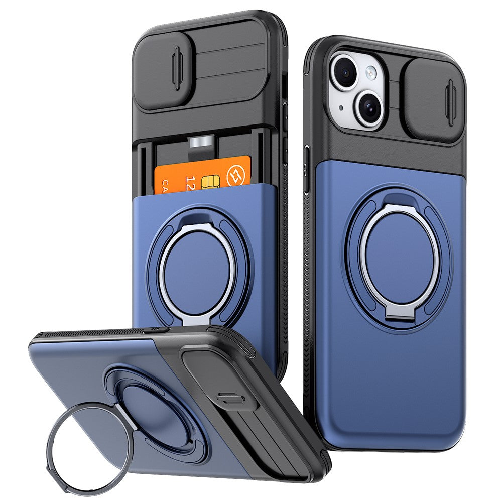 For iPhone 15 Case Slide Camera Cover Kickstand TPU + PC Protective Phone Shell with Card Holder
