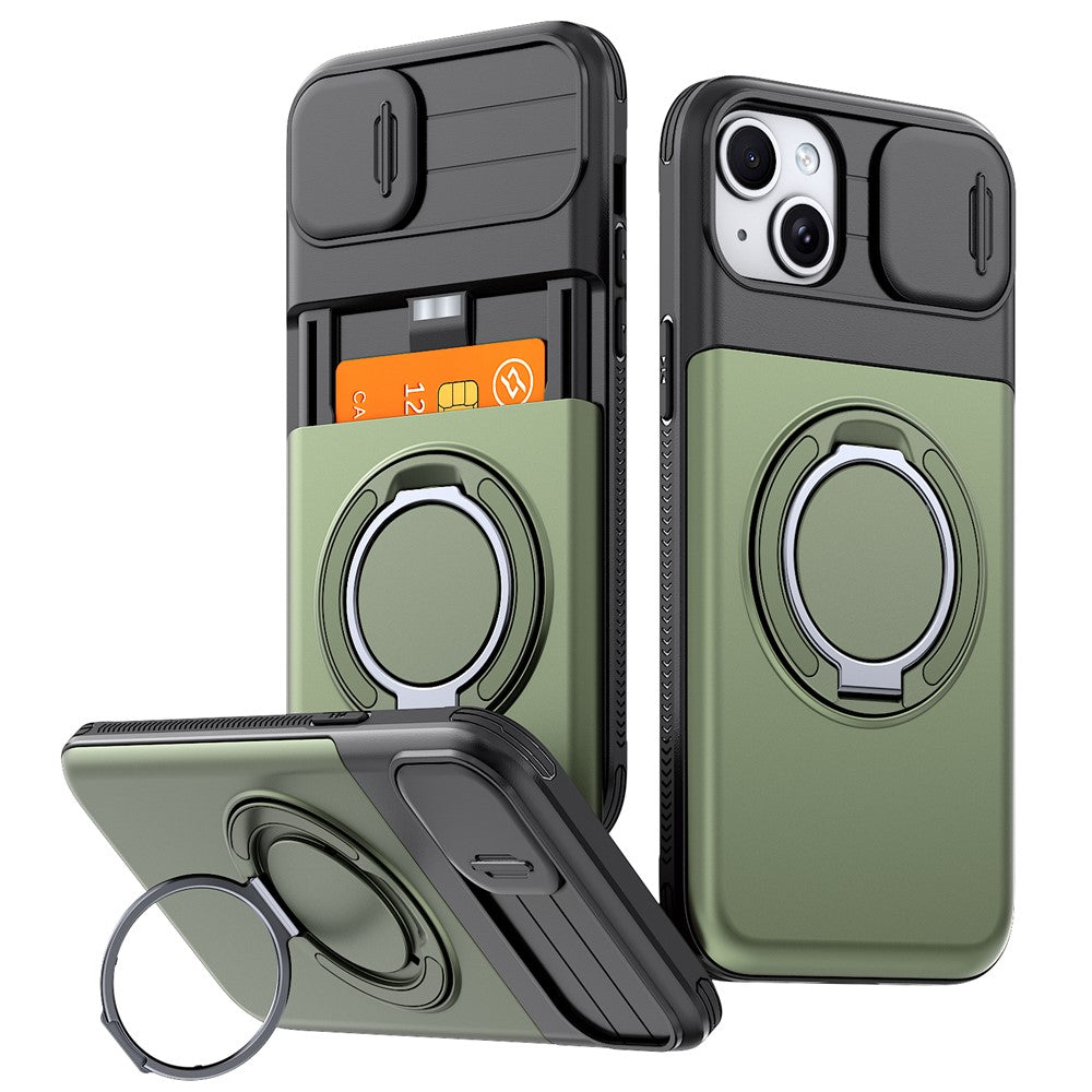 For iPhone 15 Case Slide Camera Cover Kickstand TPU + PC Protective Phone Shell with Card Holder