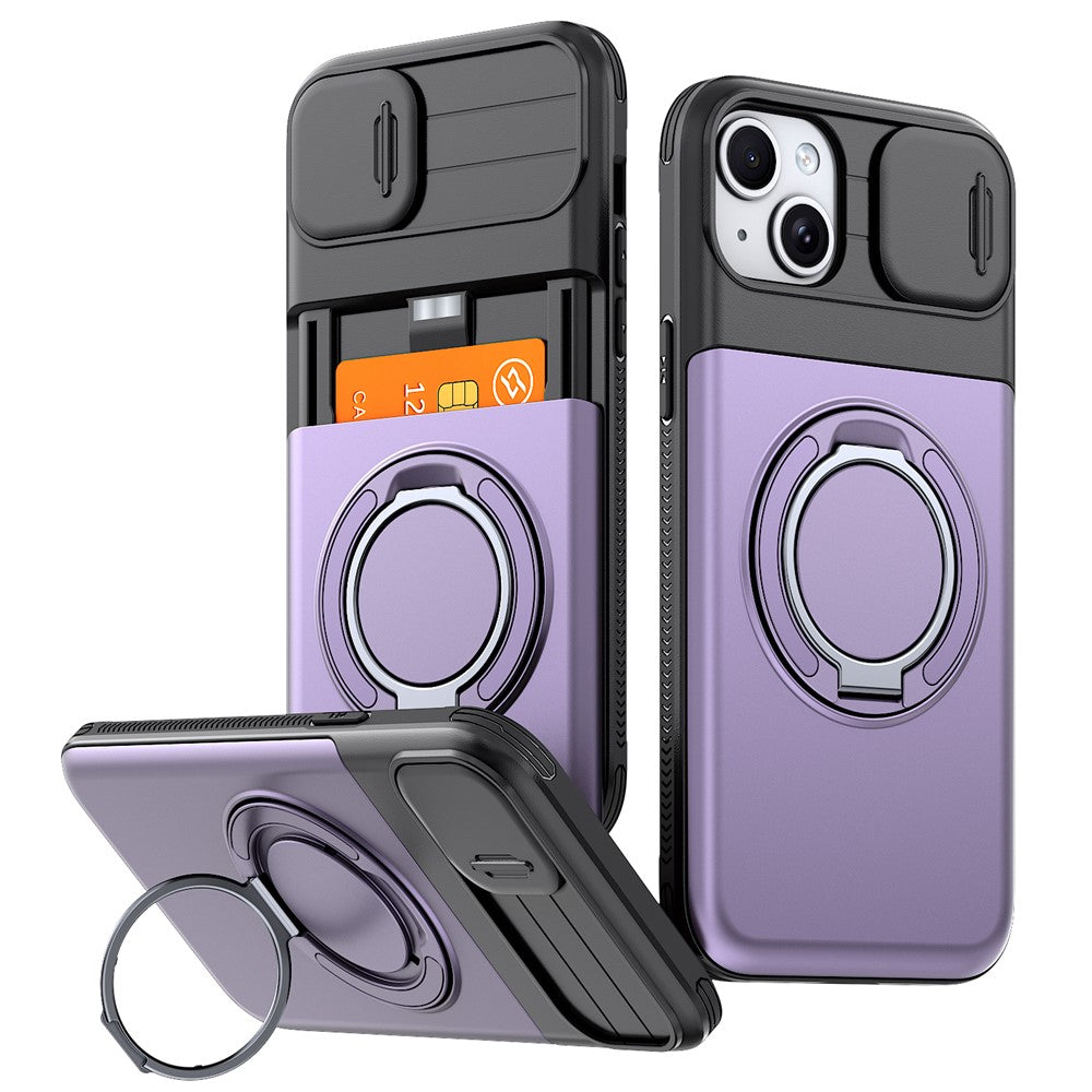 For iPhone 15 Case Slide Camera Cover Kickstand TPU + PC Protective Phone Shell with Card Holder