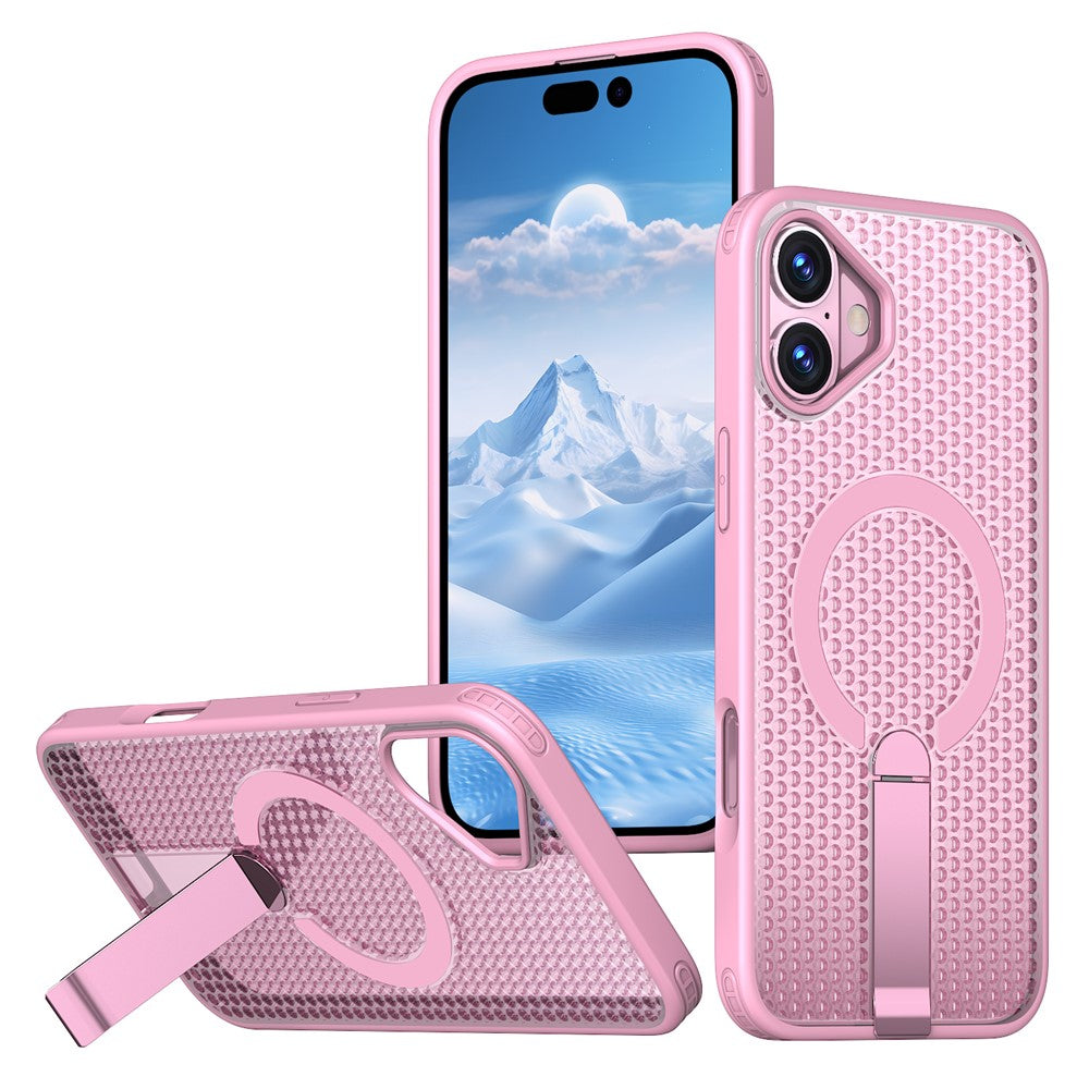 For iPhone 16 Magnetic Case Kickstand Grid Texture TPU PC Phone Back Cover