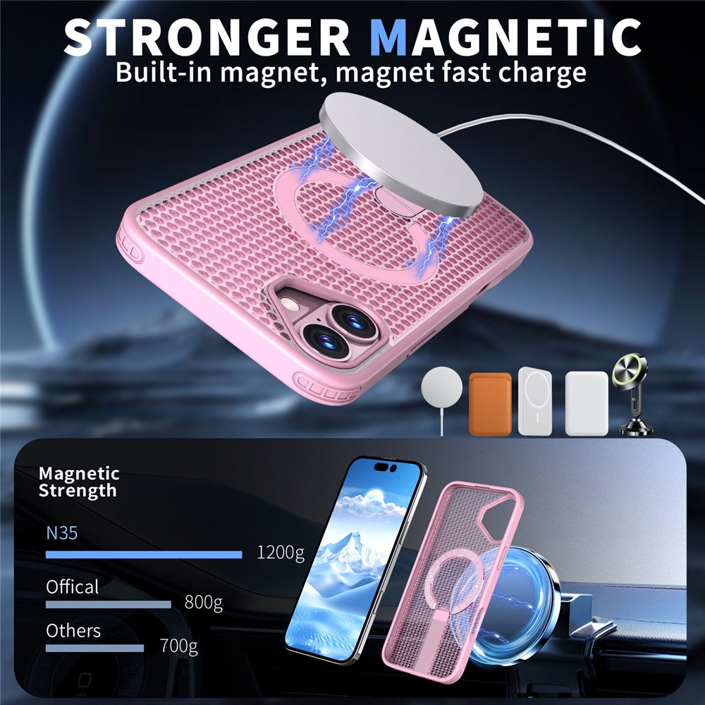 For iPhone 16 Magnetic Case Kickstand Grid Texture TPU PC Phone Back Cover