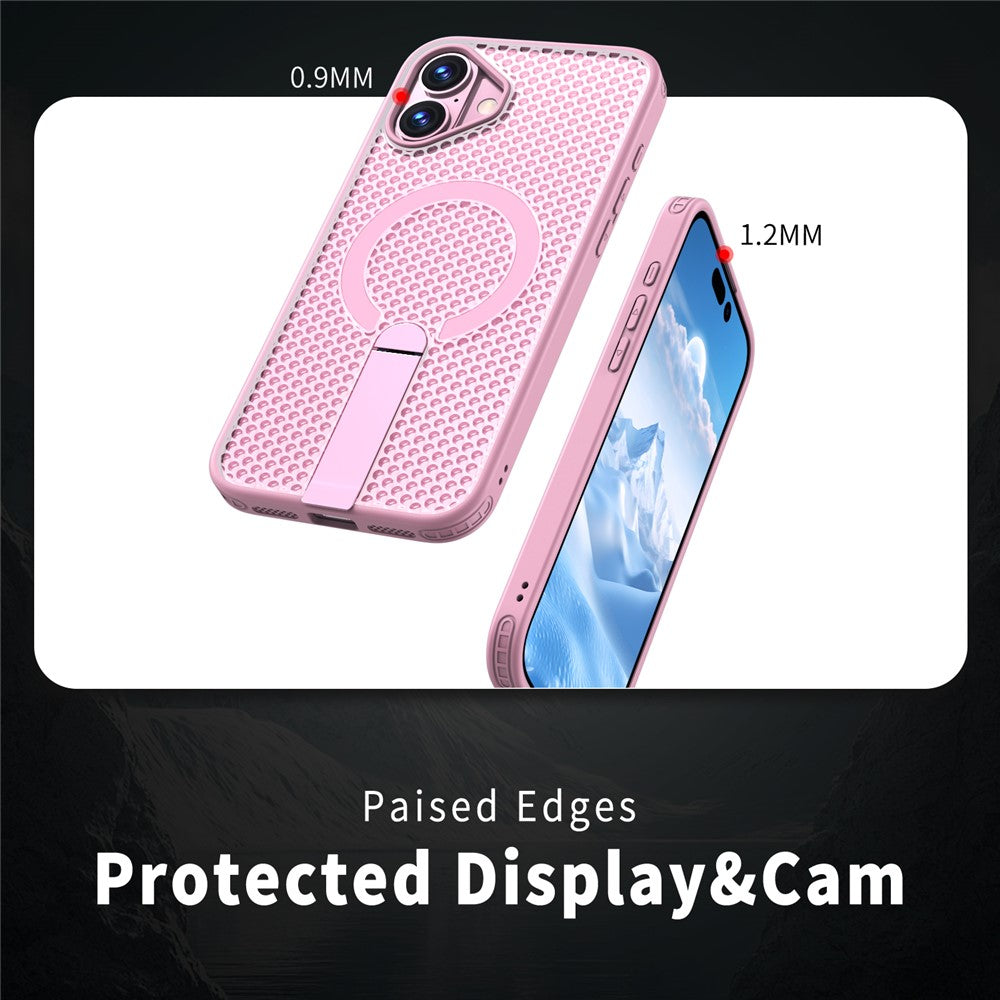 For iPhone 16 Magnetic Case Kickstand Grid Texture TPU PC Phone Back Cover