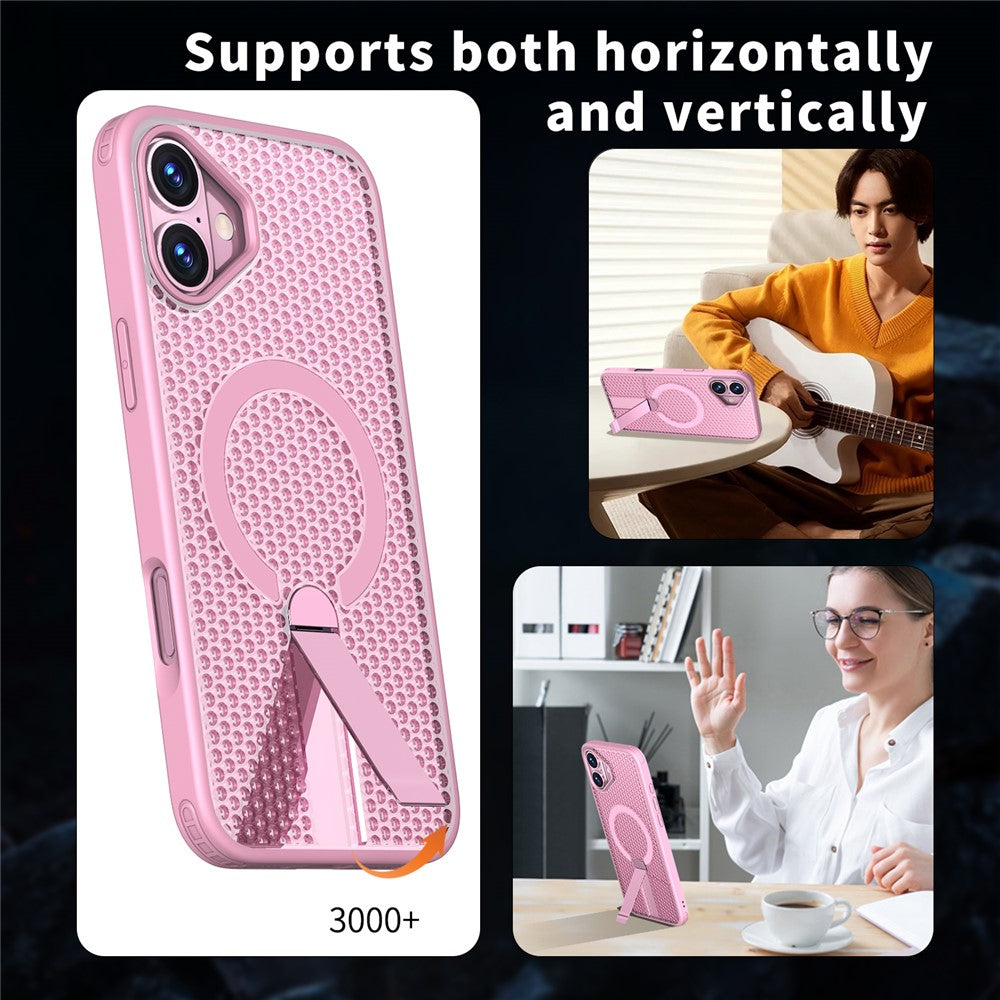 For iPhone 16 Magnetic Case Kickstand Grid Texture TPU PC Phone Back Cover