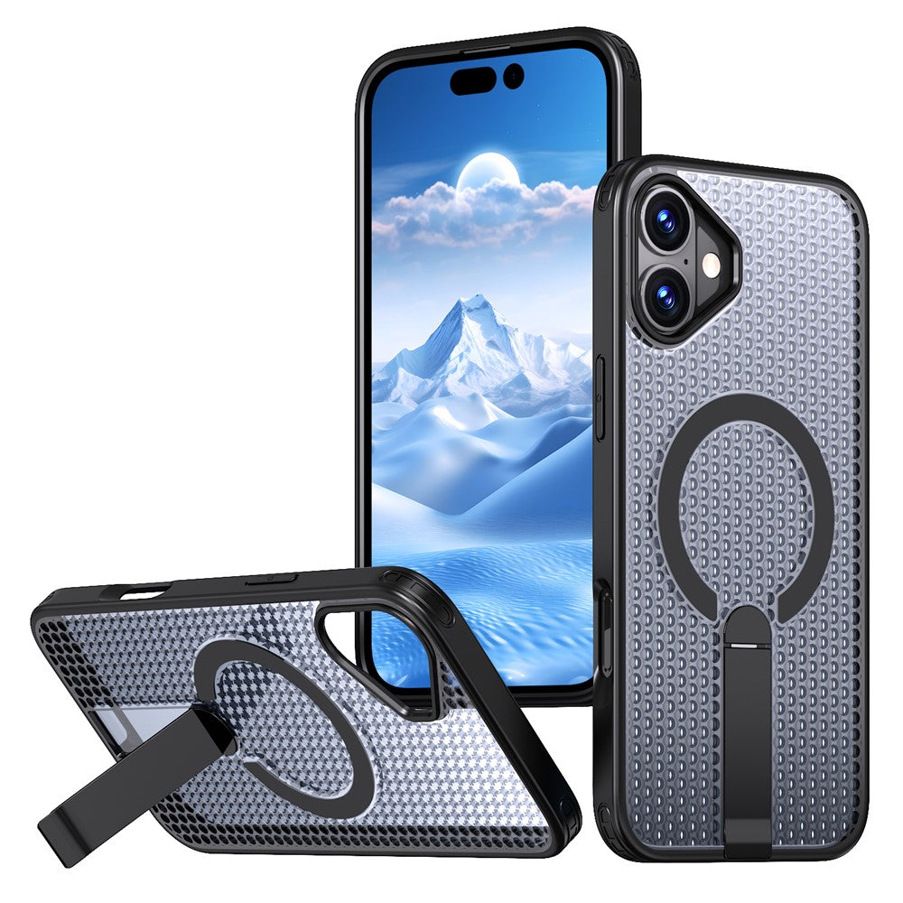 For iPhone 16 Magnetic Case Kickstand Grid Texture TPU PC Phone Back Cover