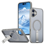 For iPhone 16 Magnetic Case Kickstand Grid Texture TPU PC Phone Back Cover