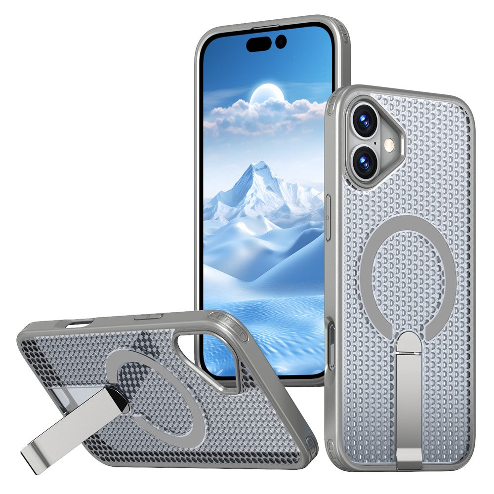 For iPhone 16 Magnetic Case Kickstand Grid Texture TPU PC Phone Back Cover