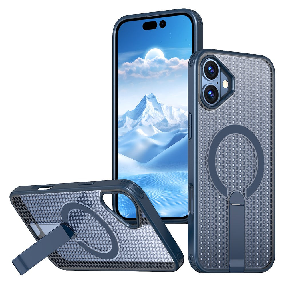 For iPhone 16 Magnetic Case Kickstand Grid Texture TPU PC Phone Back Cover