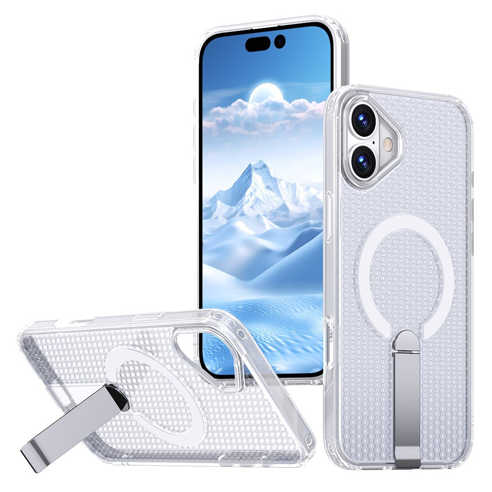 For iPhone 16 Magnetic Case Kickstand Grid Texture TPU PC Phone Back Cover