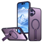 For iPhone 16 Magnetic Case Kickstand Grid Texture TPU PC Phone Back Cover