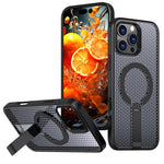 For iPhone 16 Pro Magnetic Case Kickstand Grid Texture TPU PC Phone Back Cover