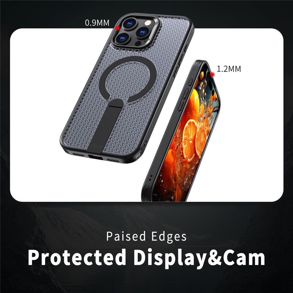 For iPhone 16 Pro Magnetic Case Kickstand Grid Texture TPU PC Phone Back Cover