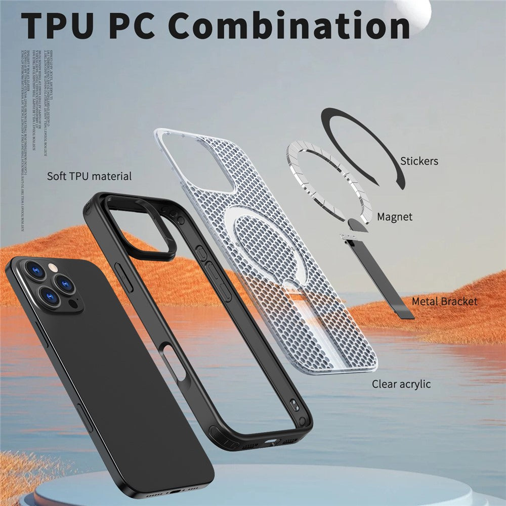 For iPhone 16 Pro Magnetic Case Kickstand Grid Texture TPU PC Phone Back Cover