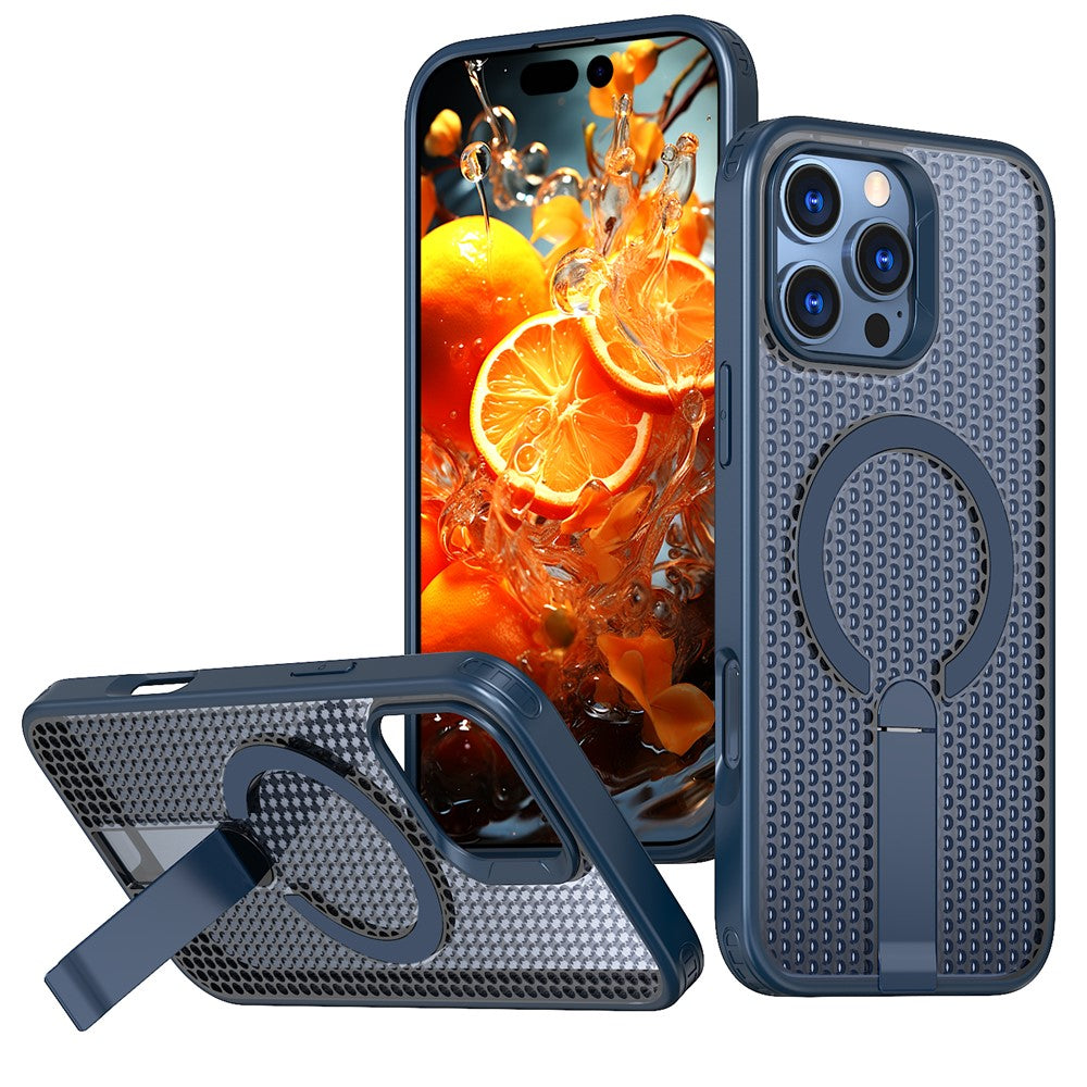 For iPhone 16 Pro Magnetic Case Kickstand Grid Texture TPU PC Phone Back Cover