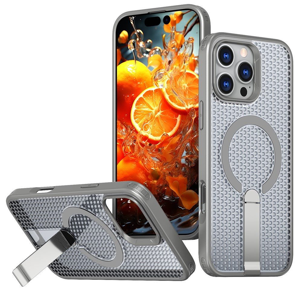For iPhone 16 Pro Magnetic Case Kickstand Grid Texture TPU PC Phone Back Cover