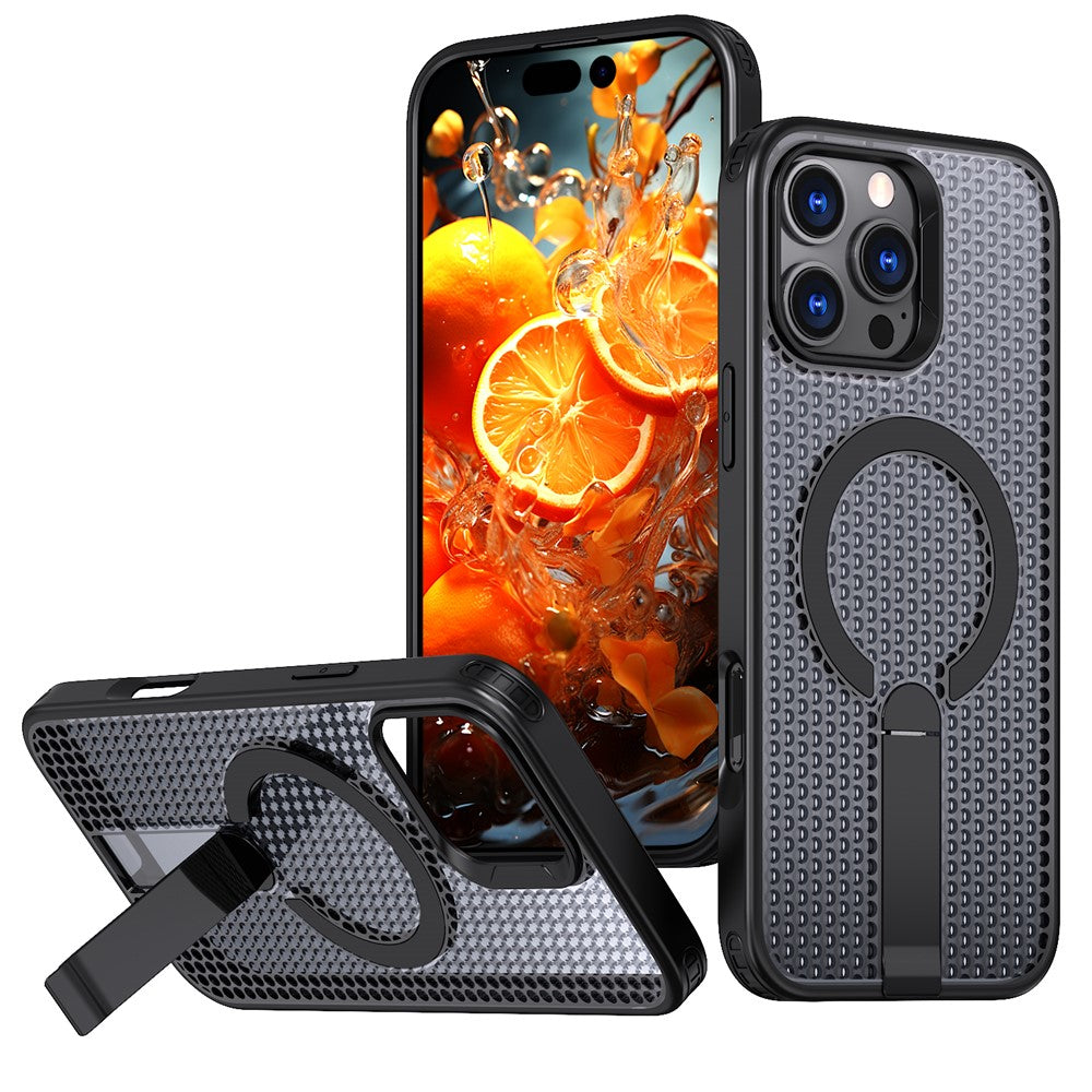 Til iPhone 16 Pro Max Magnetisk Cover Støtteben Gitter Tekstur TPU PC Telefon Bagcover