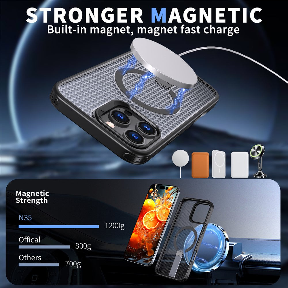 Til iPhone 16 Pro Max Magnetisk Cover Støtteben Gitter Tekstur TPU PC Telefon Bagcover