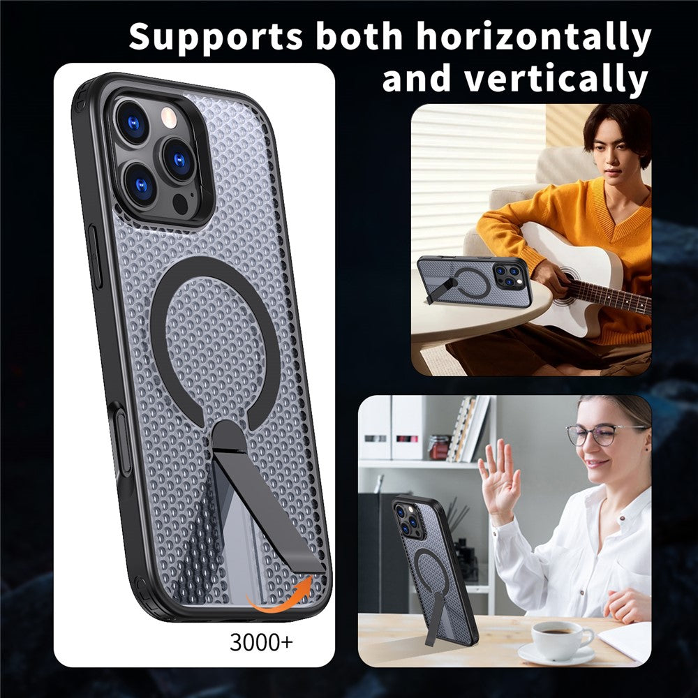 Til iPhone 16 Pro Max Magnetisk Cover Støtteben Gitter Tekstur TPU PC Telefon Bagcover