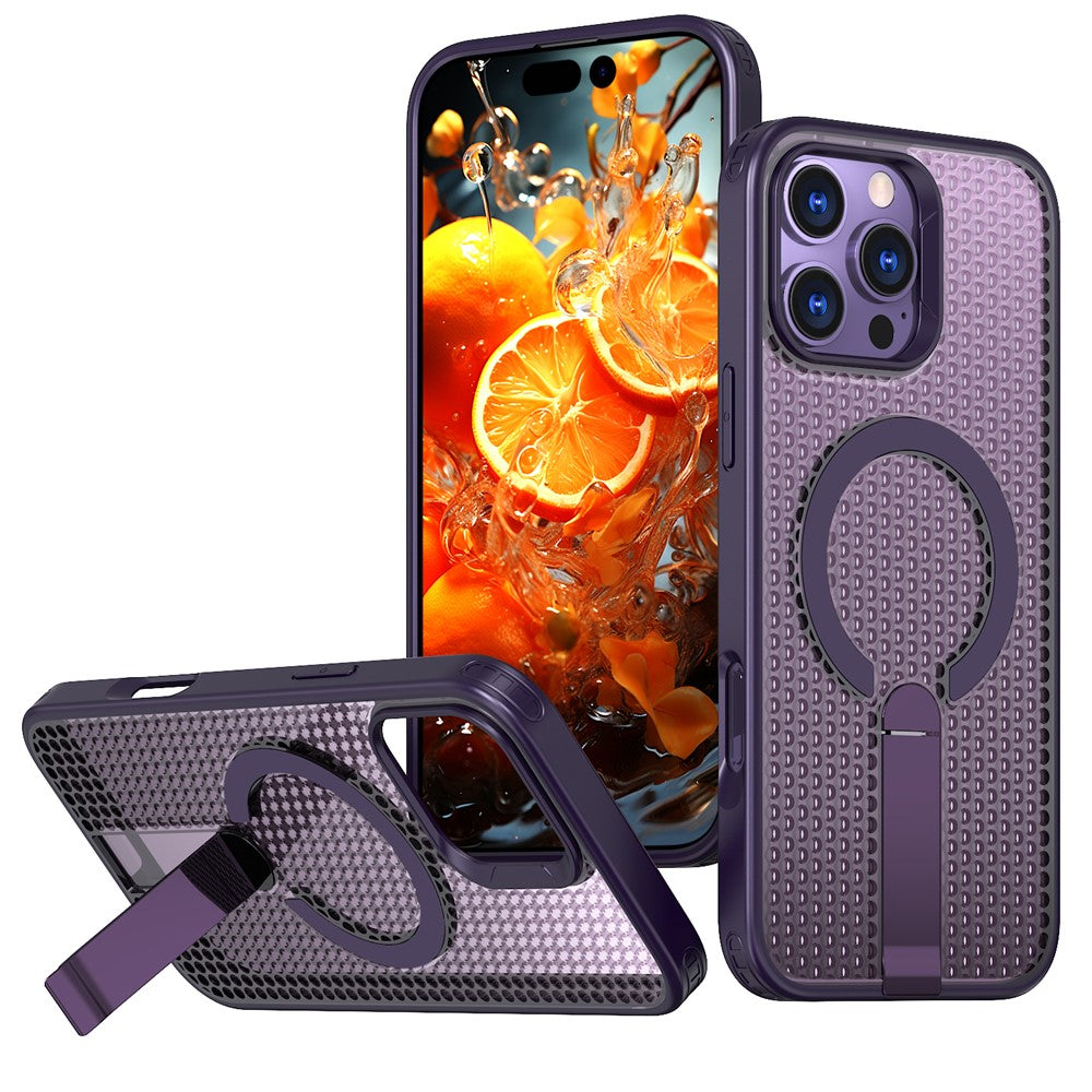 Til iPhone 16 Pro Max Magnetisk Cover Støtteben Gitter Tekstur TPU PC Telefon Bagcover