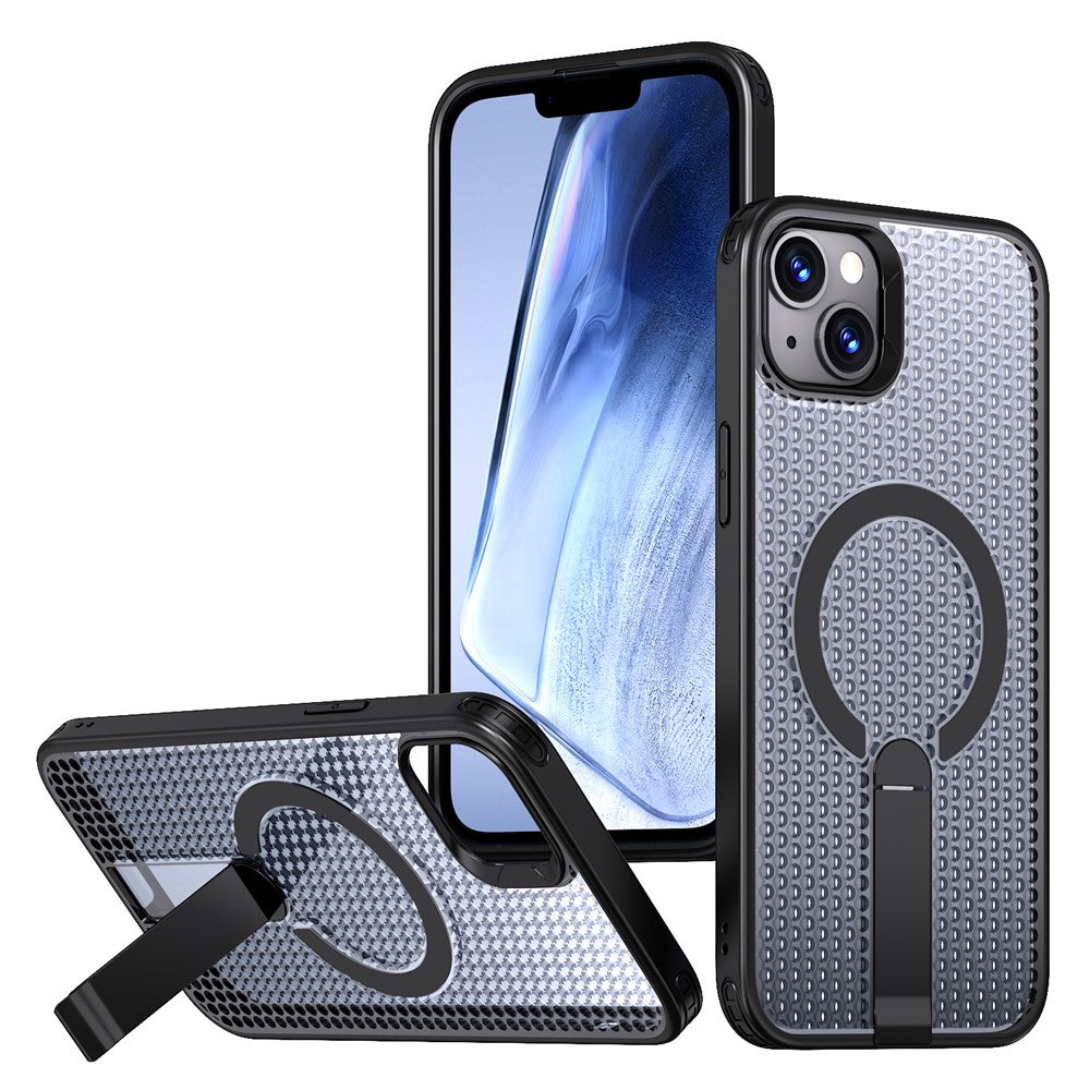 For iPhone 15 Magnetic Case Kickstand Grid Texture TPU PC Phone Back Cover