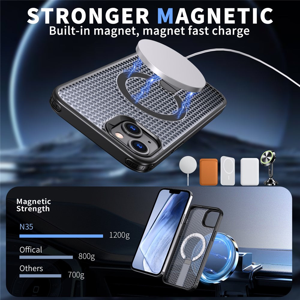 For iPhone 15 Magnetic Case Kickstand Grid Texture TPU PC Phone Back Cover