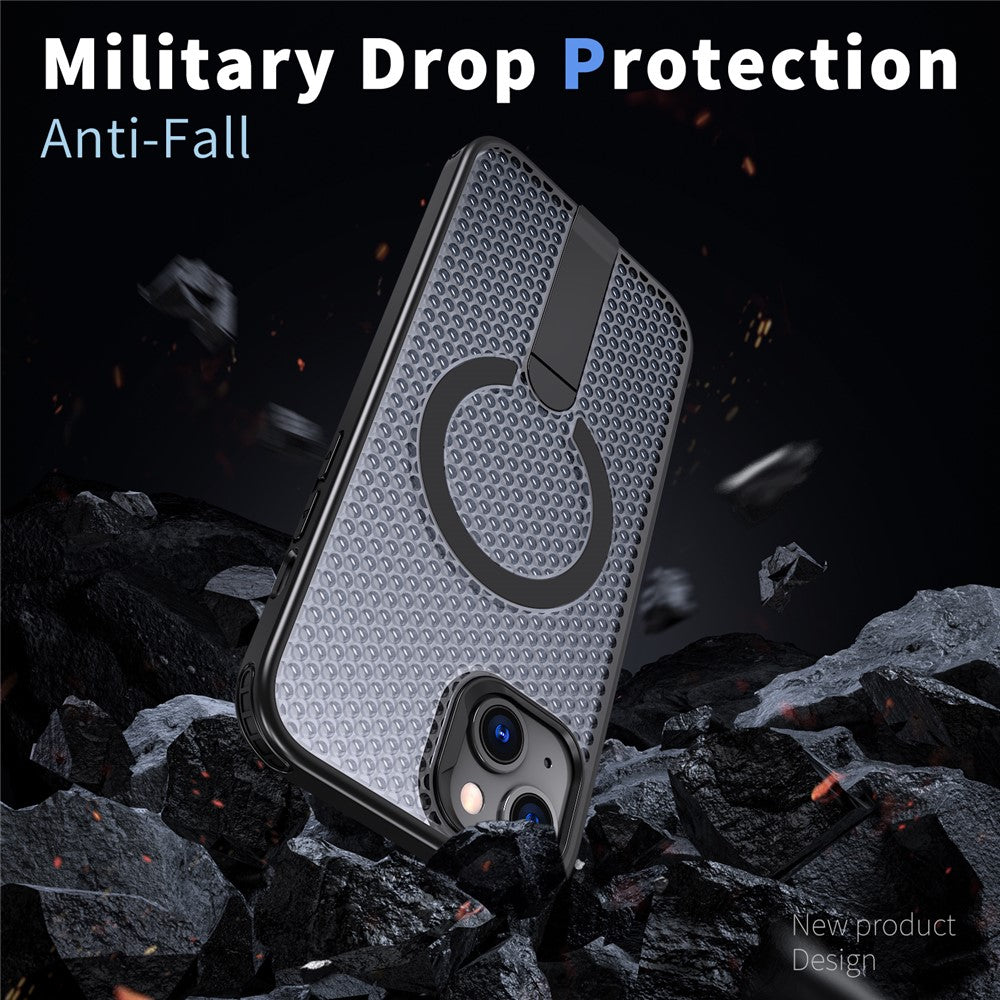 For iPhone 15 Magnetic Case Kickstand Grid Texture TPU PC Phone Back Cover