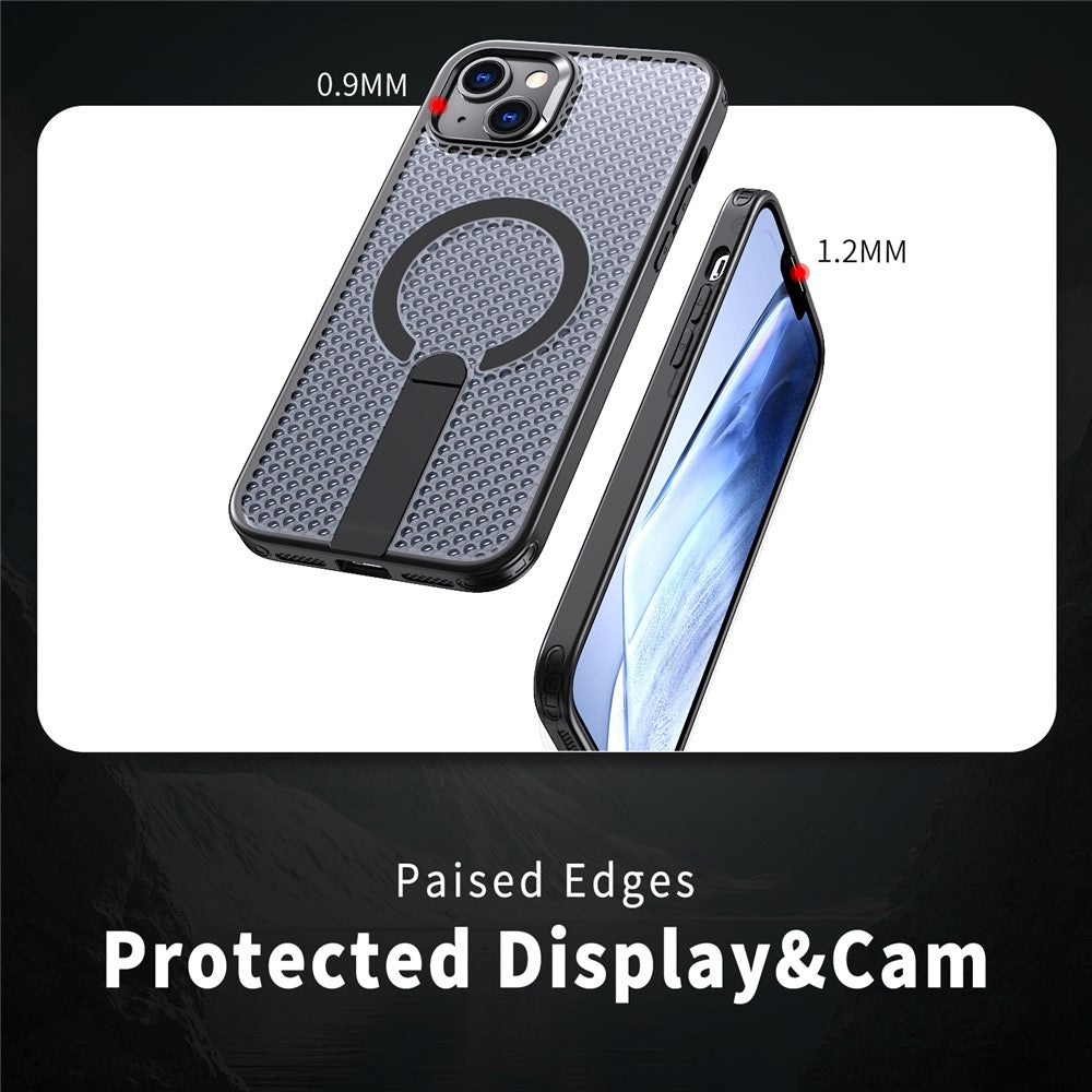 For iPhone 15 Magnetic Case Kickstand Grid Texture TPU PC Phone Back Cover