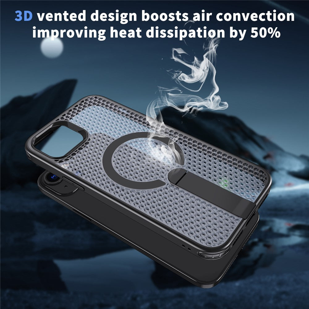 For iPhone 15 Magnetic Case Kickstand Grid Texture TPU PC Phone Back Cover
