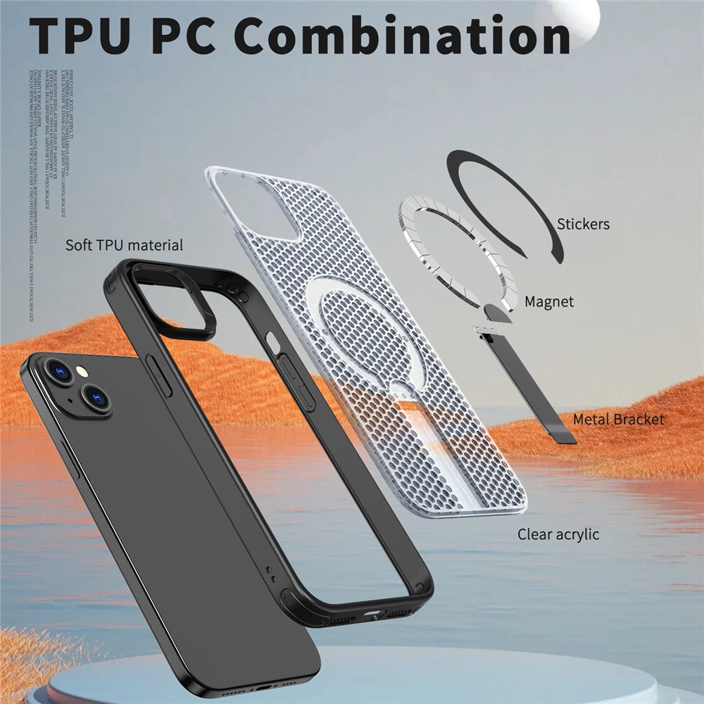 For iPhone 15 Magnetic Case Kickstand Grid Texture TPU PC Phone Back Cover