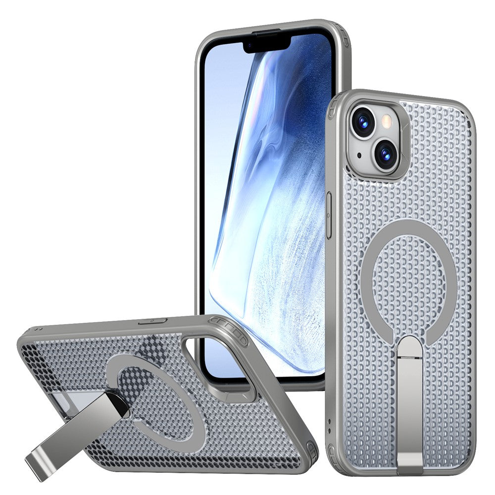 For iPhone 15 Magnetic Case Kickstand Grid Texture TPU PC Phone Back Cover