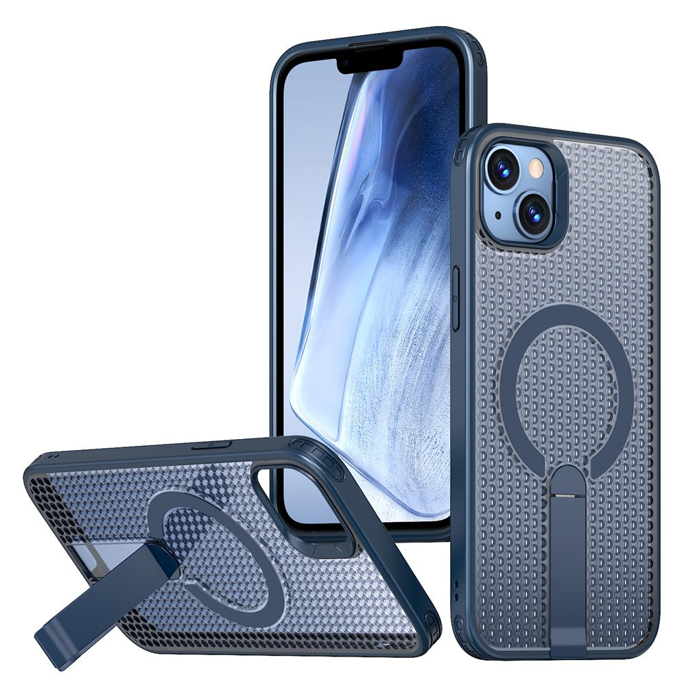 For iPhone 15 Magnetic Case Kickstand Grid Texture TPU PC Phone Back Cover