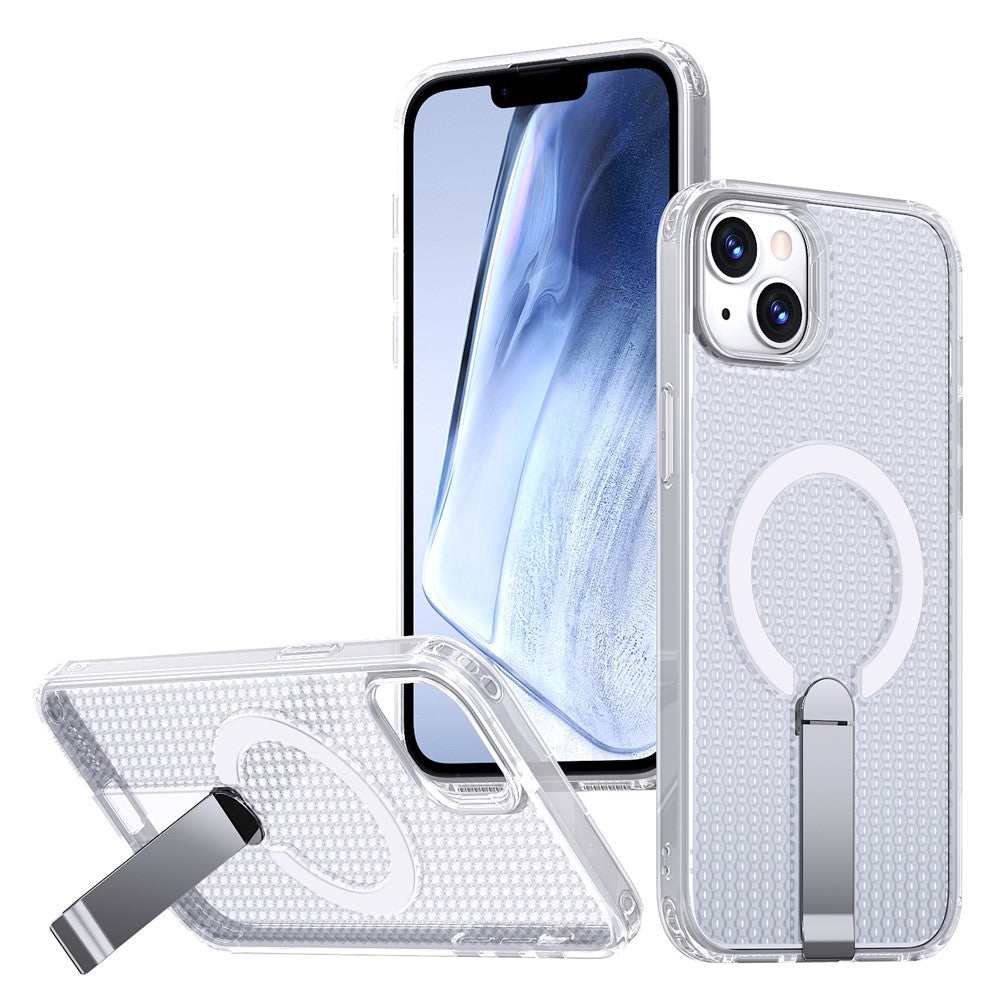 For iPhone 15 Magnetic Case Kickstand Grid Texture TPU PC Phone Back Cover