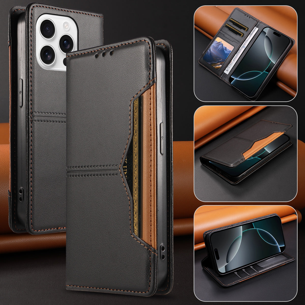 For iPhone 16 Pro Wallet Case External Card Slot Magnetic Closing Leather Phone Cover