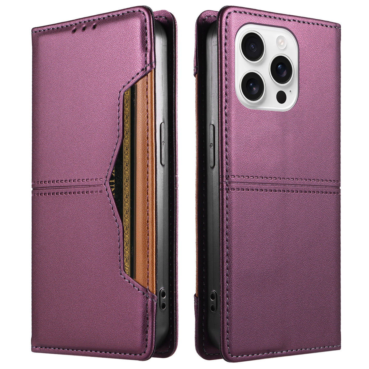 For iPhone 16 Pro Wallet Case External Card Slot Magnetic Closing Leather Phone Cover