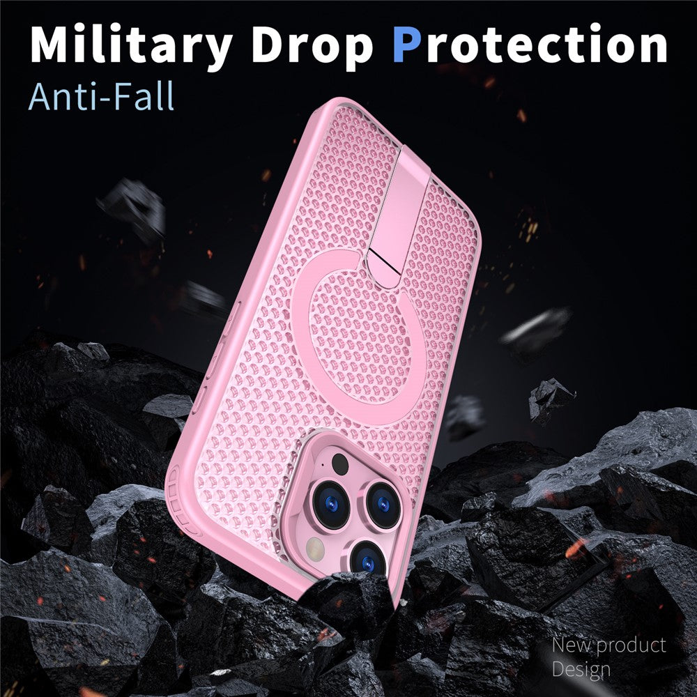 For iPhone 14 Pro Max Magnetic Case Kickstand Grid Texture TPU PC Phone Back Cover