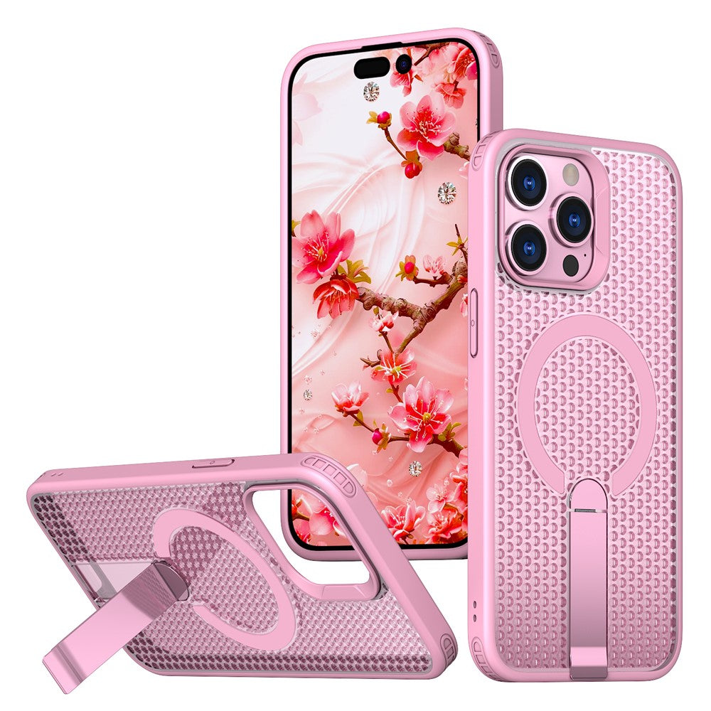 For iPhone 13 Pro Magnetic Case Kickstand Grid Texture TPU PC Phone Back Cover