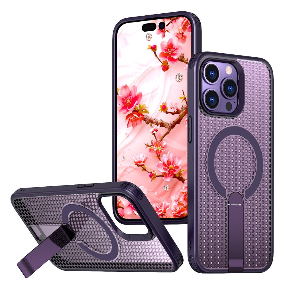 For iPhone 13 Pro Magnetic Case Kickstand Grid Texture TPU PC Phone Back Cover